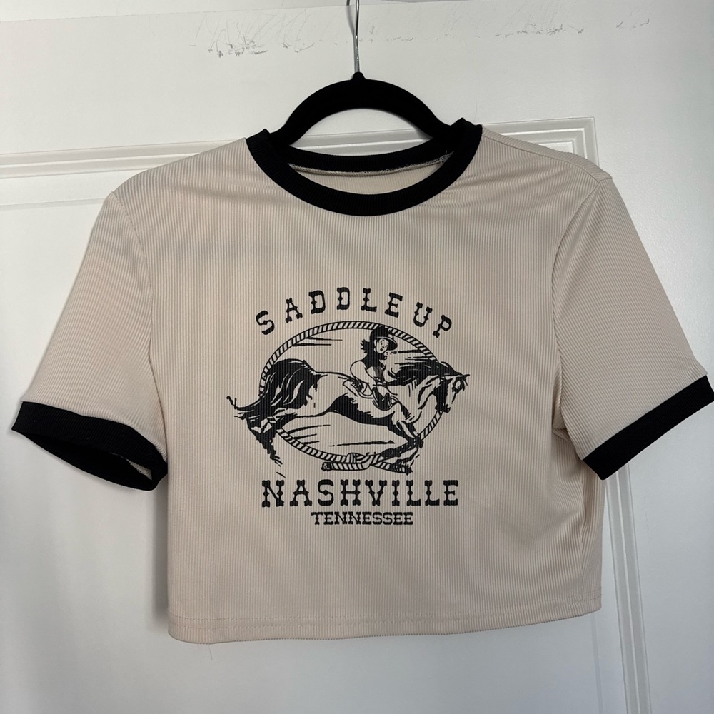 SHEIN Beige and Black Graphic Crop Top